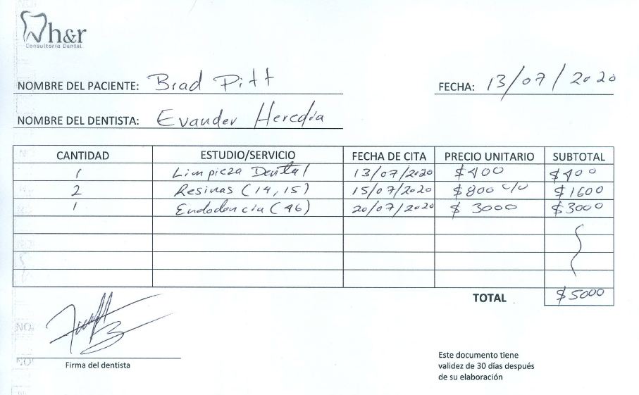 hoja de presupuesto para tratamientos dentales